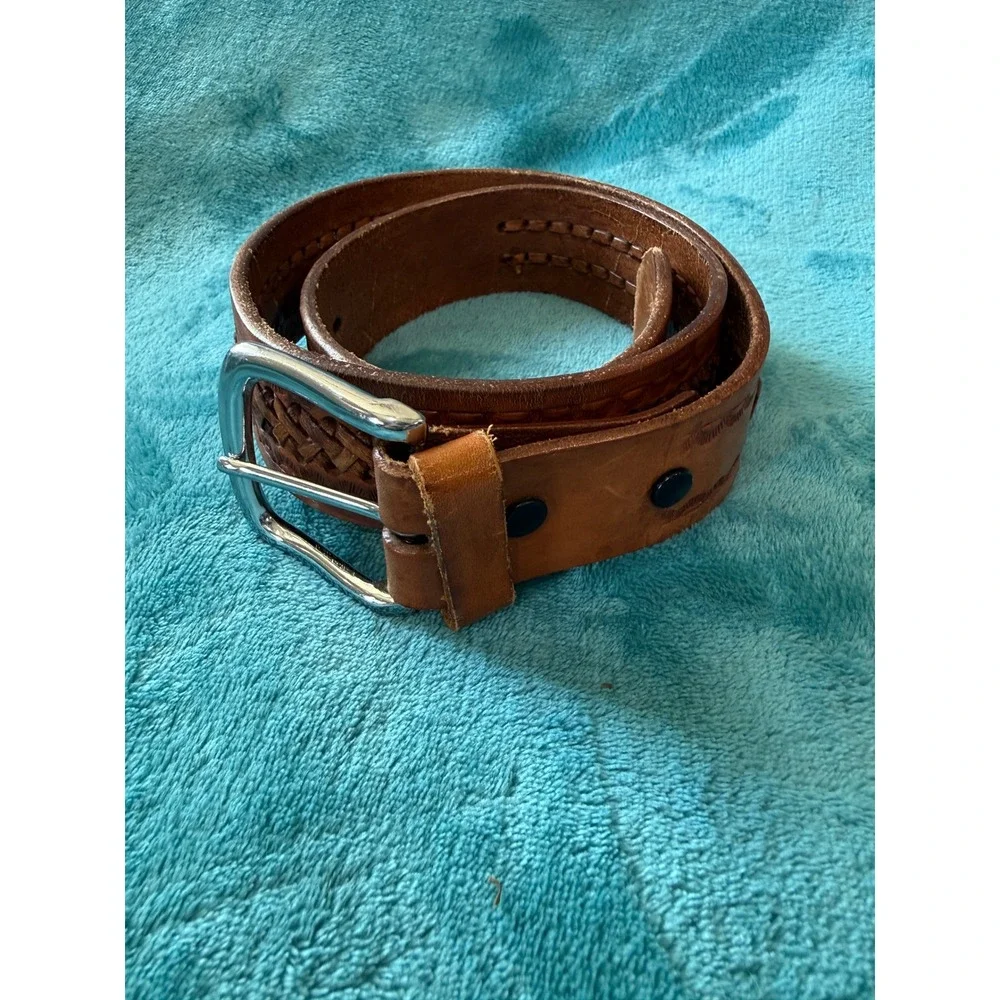 Vintage Tooled Leather Basket Weave Western Belt Tan Brown‎ Size 30 Mexico